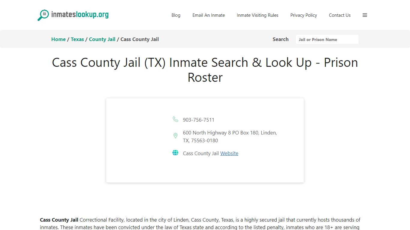 Cass County Jail (TX) Inmate Search & Look Up - Prison Roster