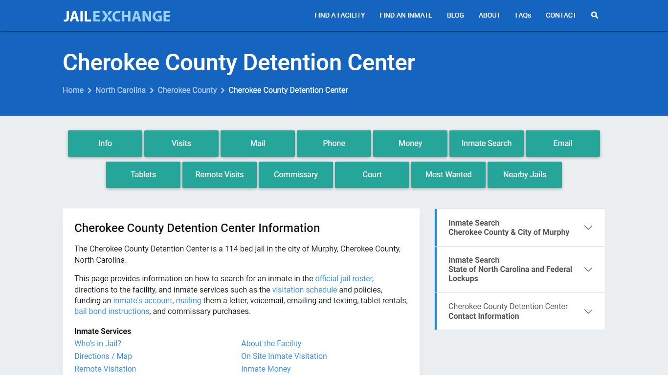 Cherokee County Detention Center, NC Inmate Search, Information