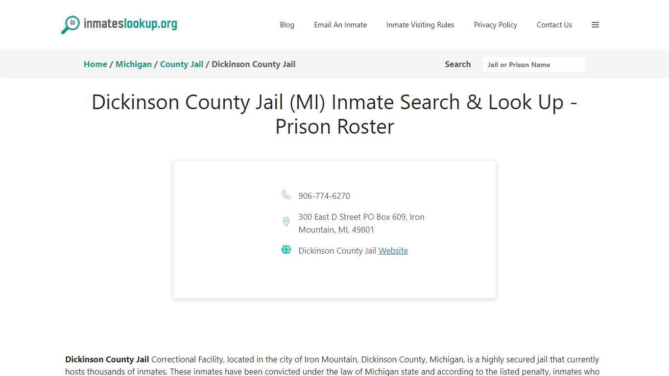 Dickinson County Jail (MI) Inmate Search & Look Up - Prison Roster