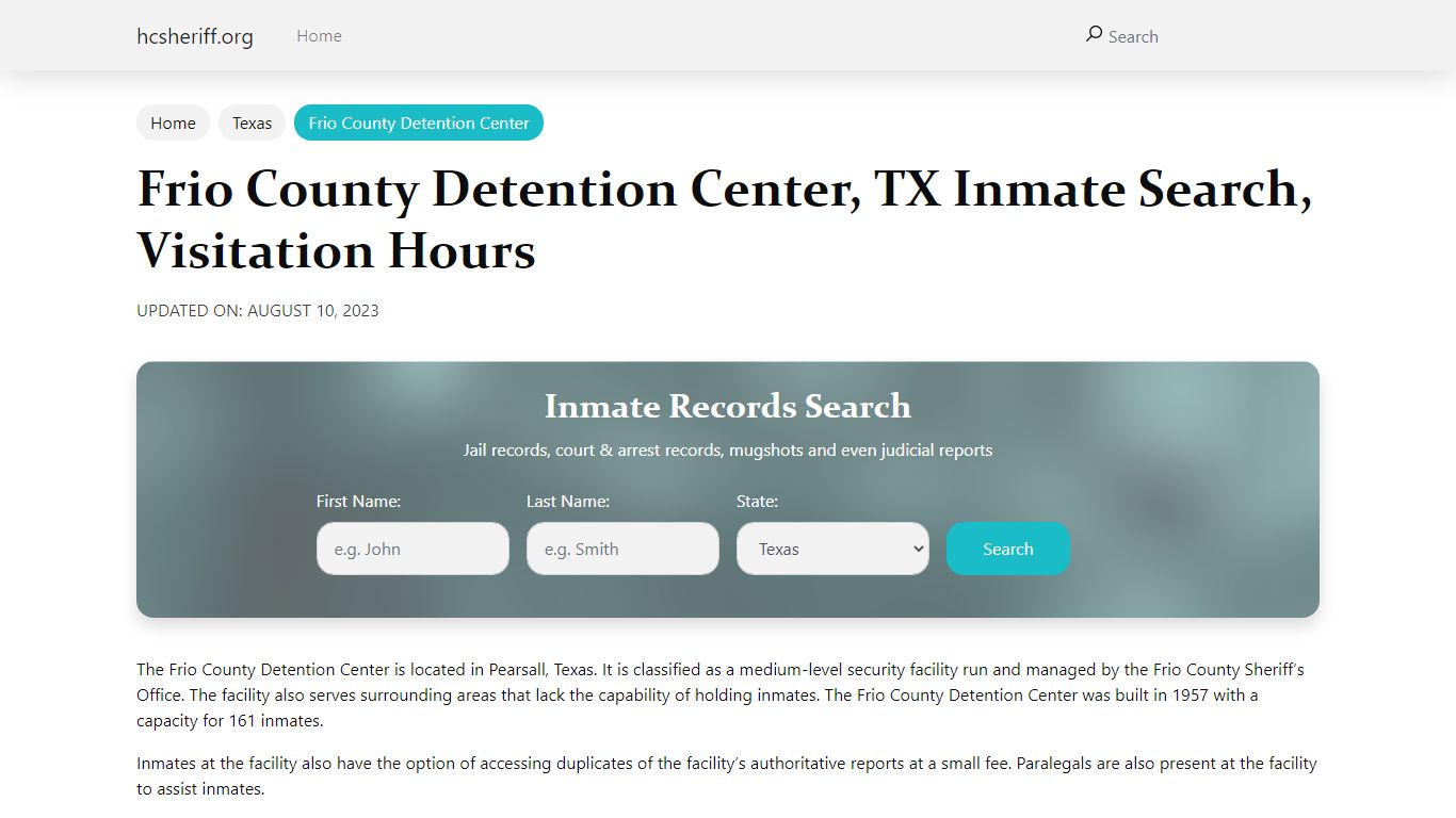 Frio County Detention Center, TX Inmate Search, Visitation Hours