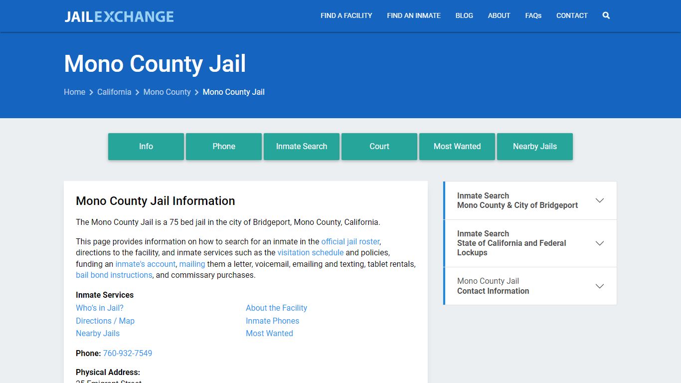 Mono County Jail, CA Inmate Search, Information