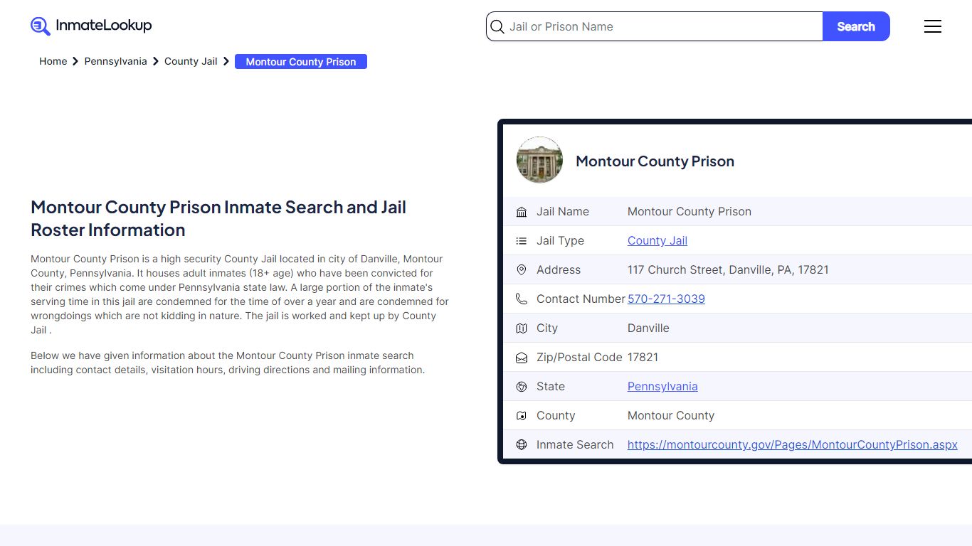 Montour County Prison (PA) Inmate Search Pennsylvania - Inmate Lookup