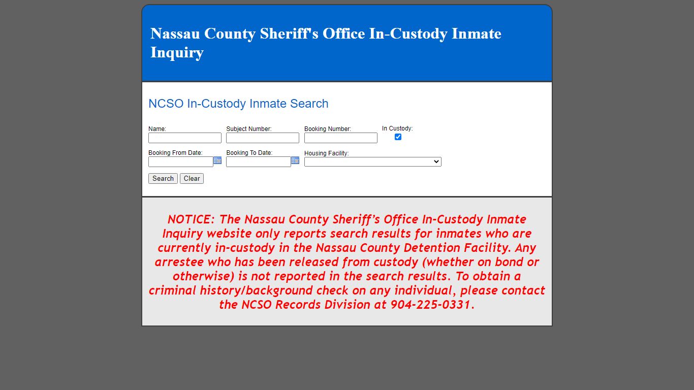 NCSO In-Custody Inmate Search