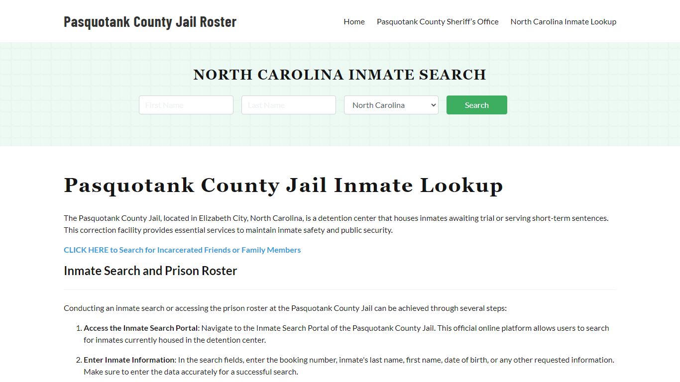 Pasquotank County Jail Roster Lookup, NC, Inmate Search