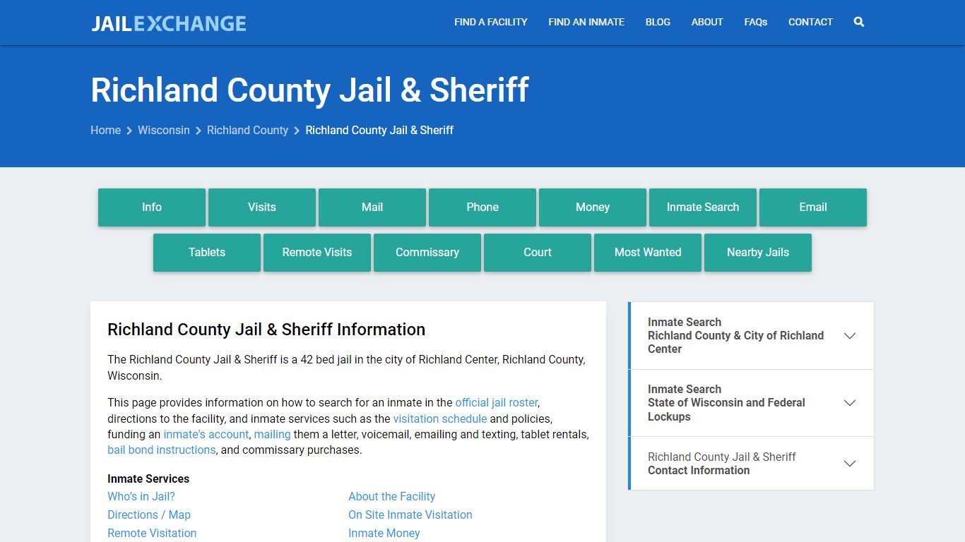 Richland County Jail & Sheriff, WI Inmate Search, Information