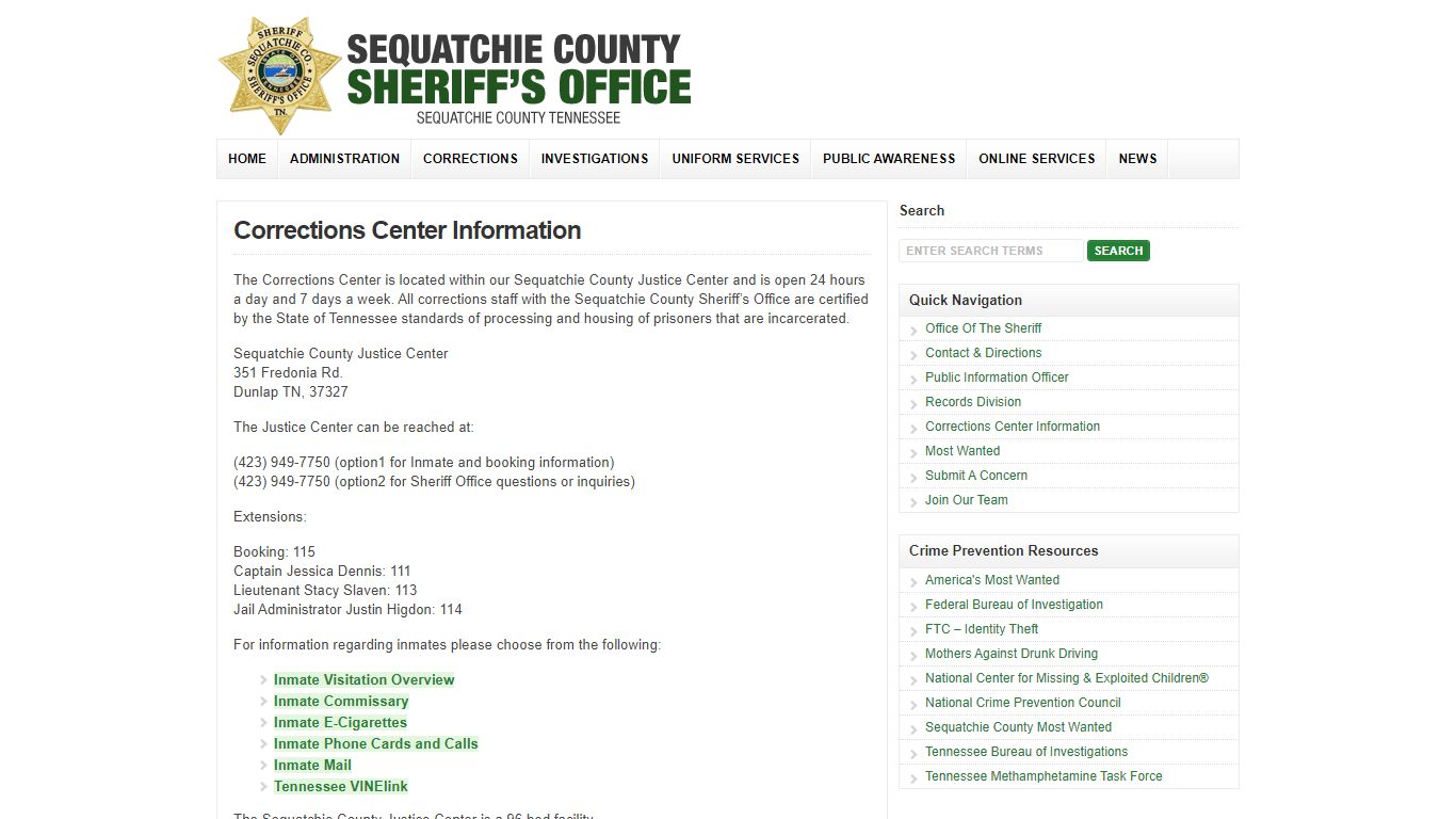 Corrections Center Information : Sequatchie County Sheriff's Office