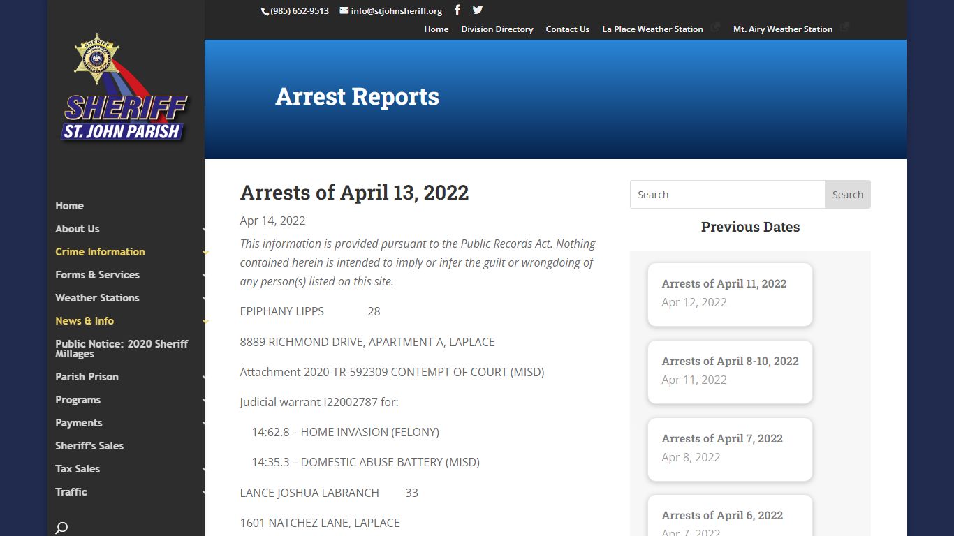 Arrest Reports | St. John Parish Sheriff's Office