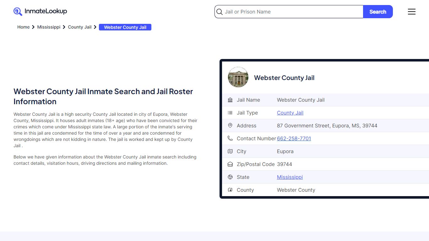 Webster County Jail Inmate Search - Eupora Mississippi - Inmate Lookup