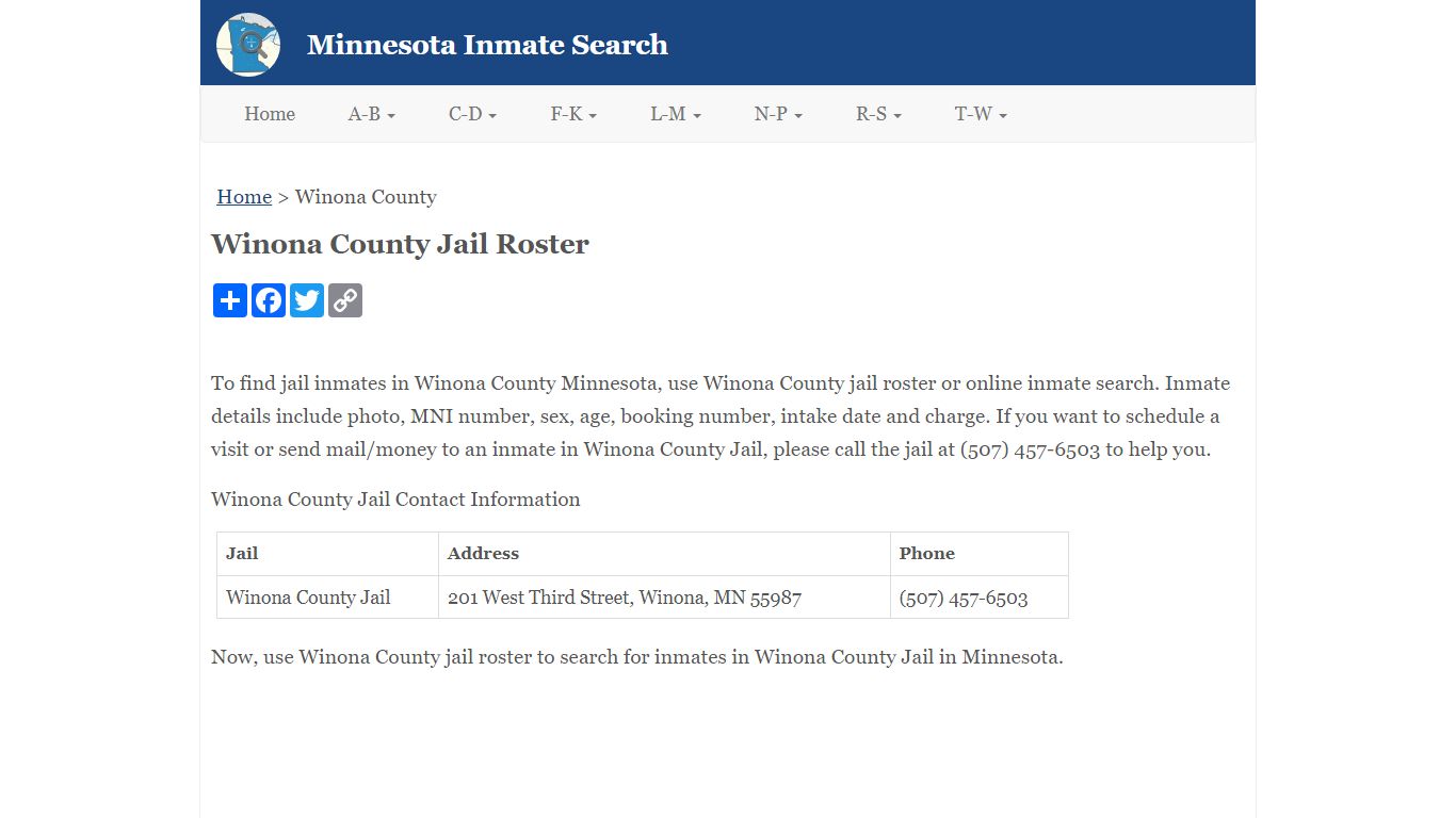Winona County Jail Roster - Minnesota Inmate Search